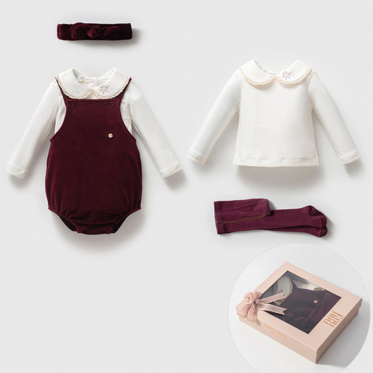 Baby Mädchen Outfit Set 🍒 | 4-teilig | Body, Shirt, Strumpfhose & Haarband