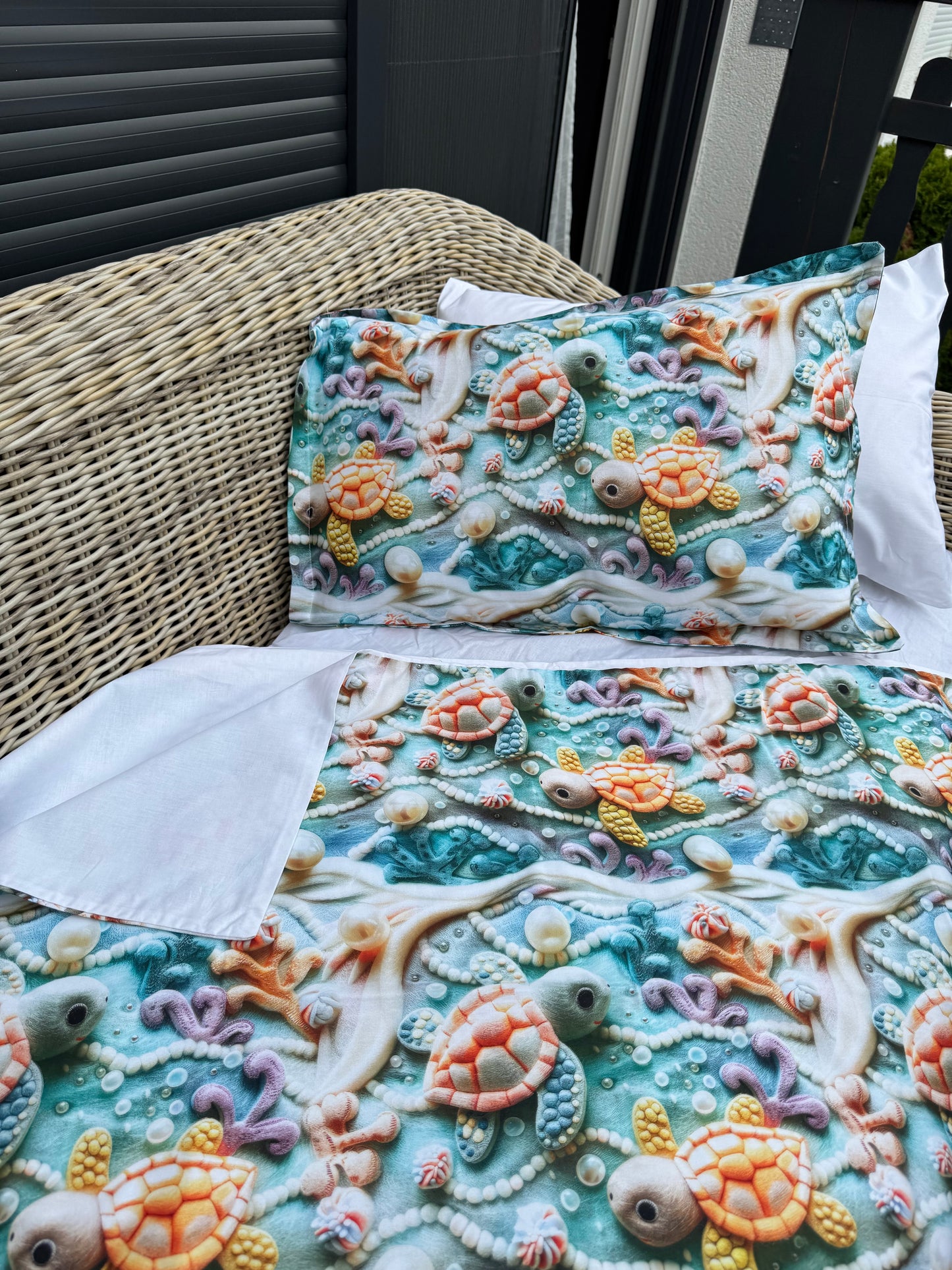 Kinder Bettwäsche Set 4-teilig – Meerestiere & Schildkröten in 3D Optik, 100% Baumwolle, Blau & Weiß