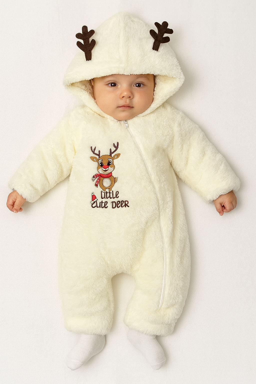 Baby Overall „Little Cute Deer“ – Flauschiger Winteranzug mit Rentier-Motiv & Kapuze