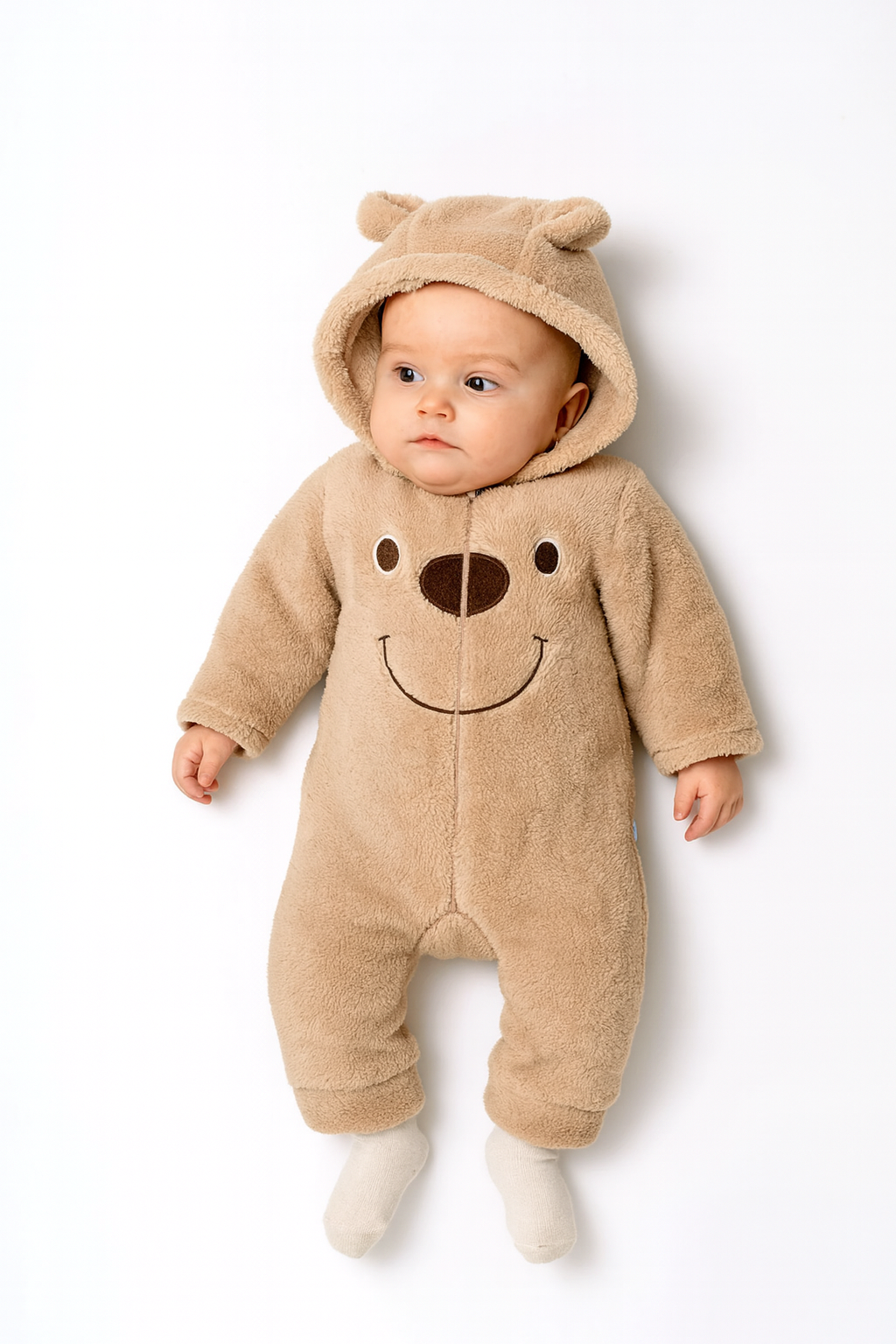 Baby Fleece Overall mit Bärchen-Gesicht – in Beige & Hellgrau