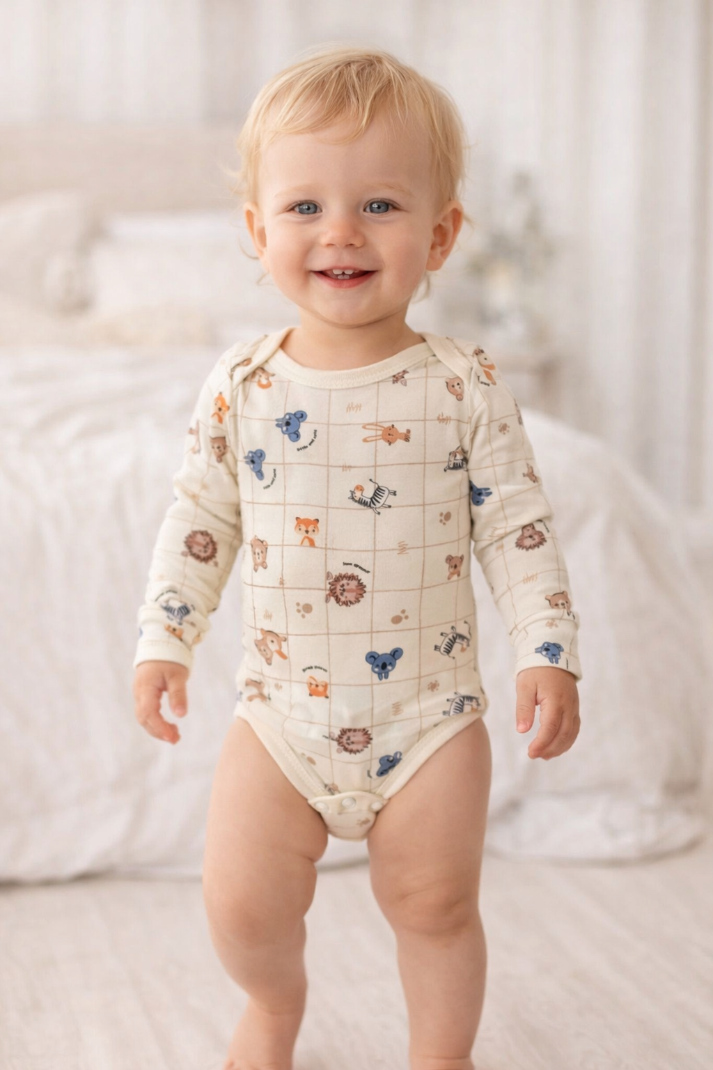 Baby Body Safari Tiere – Langarm | Creme | Unisex