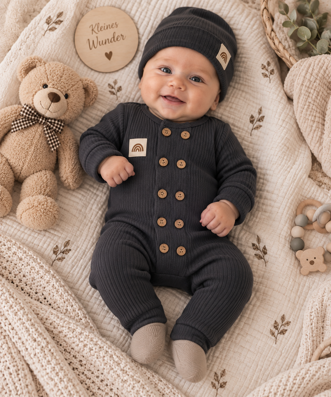 Baby Strampler – Dunkelgrau mit Holzknöpfen & Mütze