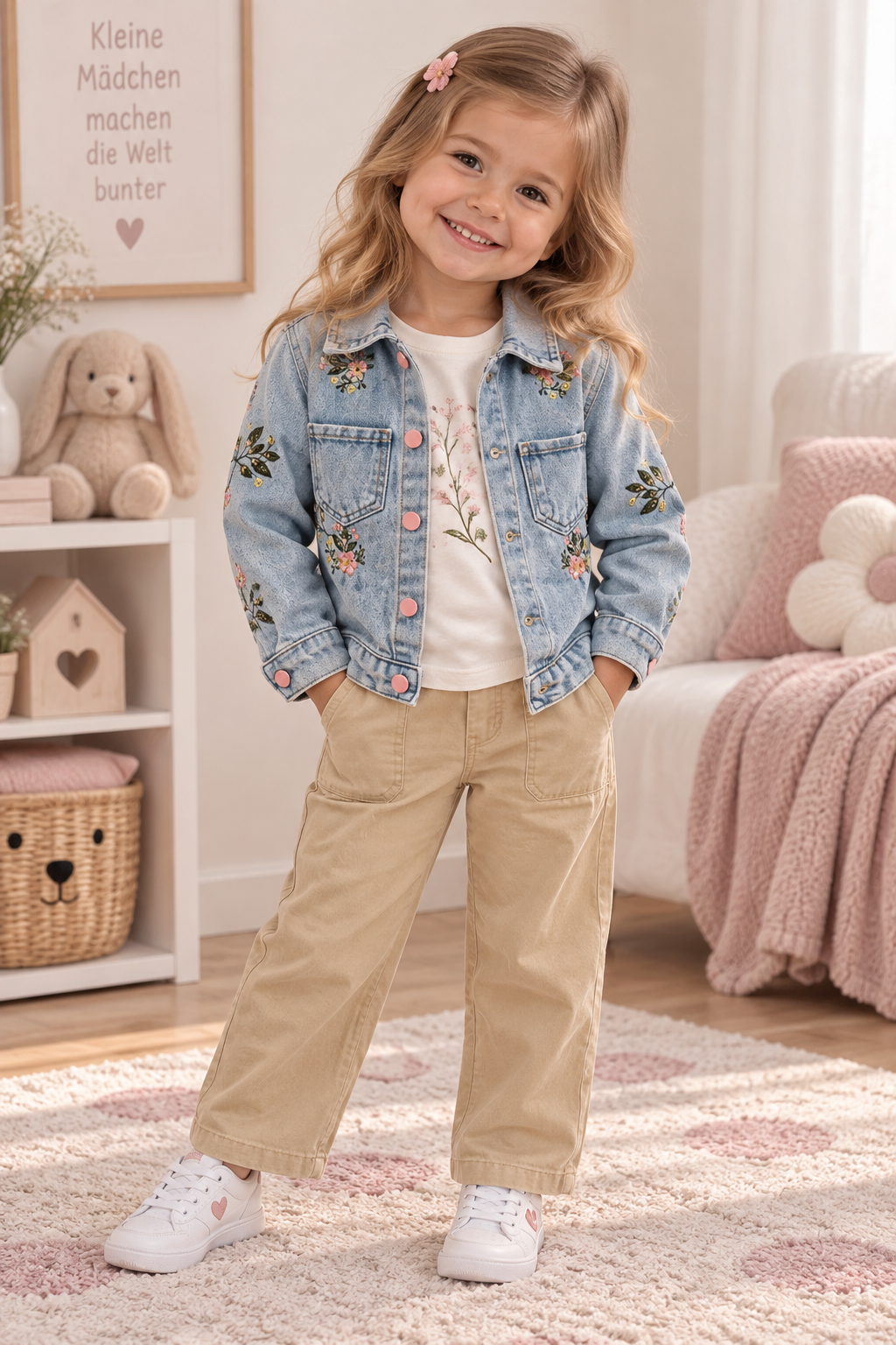 Mädchen Outfit 3-teilig „Just Breathe“ – Jeansjacke bestickt, Langarm-Shirt & Hose