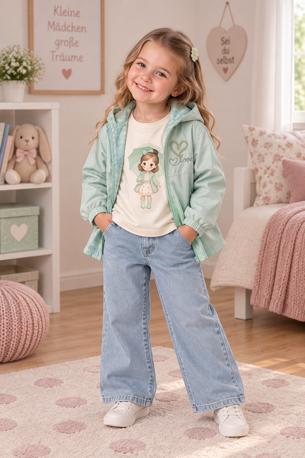 Mädchen 3-Teiler Outfit mit Jeans, Print Shirt & Kapuzenjacke