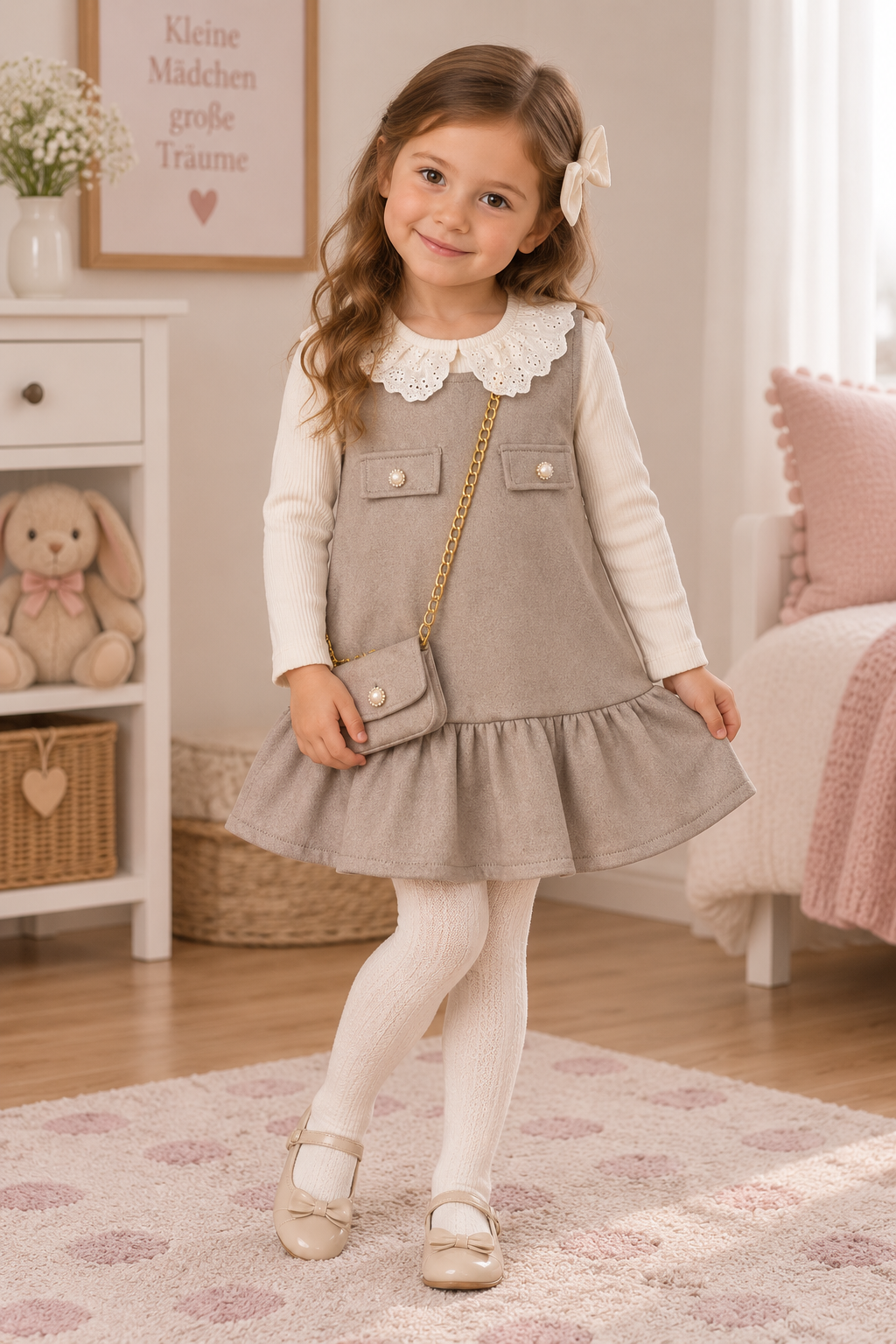 Mädchen Kleid 3-teilig – Kleid mit Rüschenkragen, Langarmshirt & Tasche