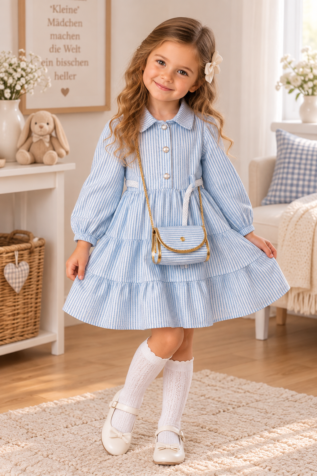 Gestreiftes Kleid für Mädchen mit Tasche – süß & stilvoll 💙👜