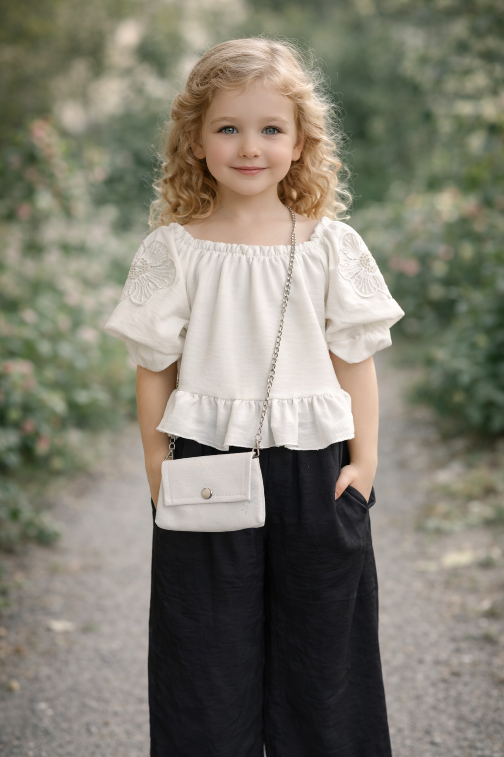 Mädchen 3-Teiler Set mit Tasche – Bluse, weite Hose & Umhängetasche (3 Farben)