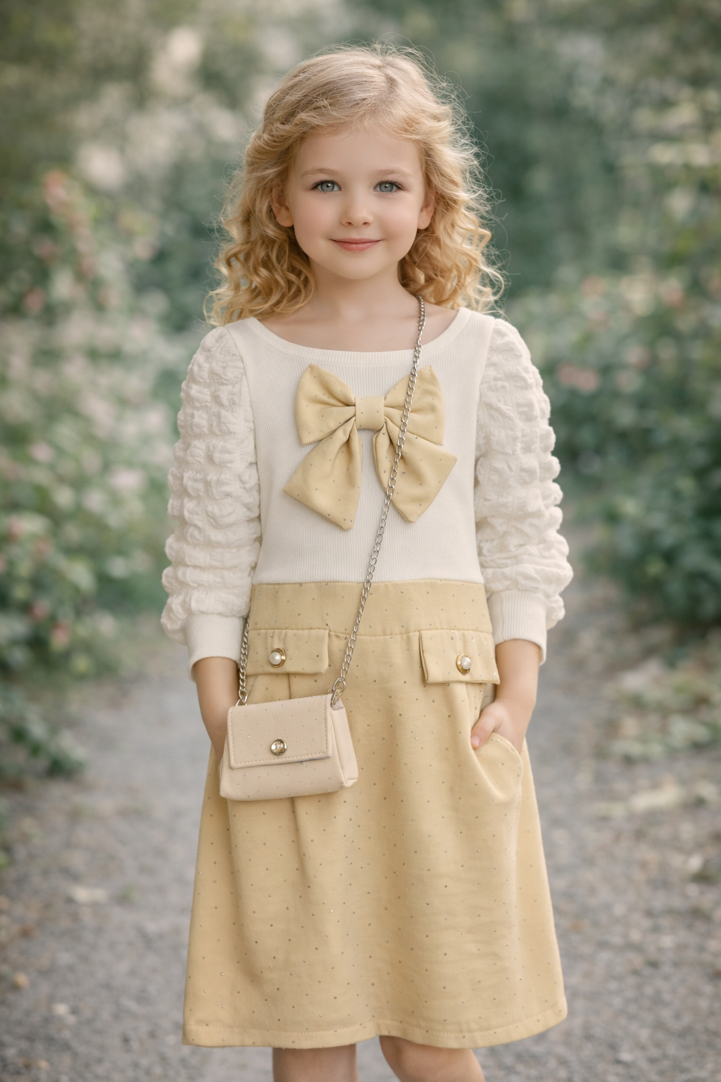 Mädchen Kleid mit Tasche & Schleife – Elegantes Set in 2 Farben
