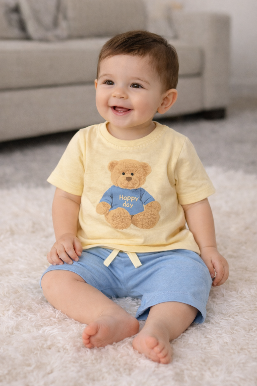 Baby Jungen 2-Teiler Set mit Teddy Print – Braun & Hellblau