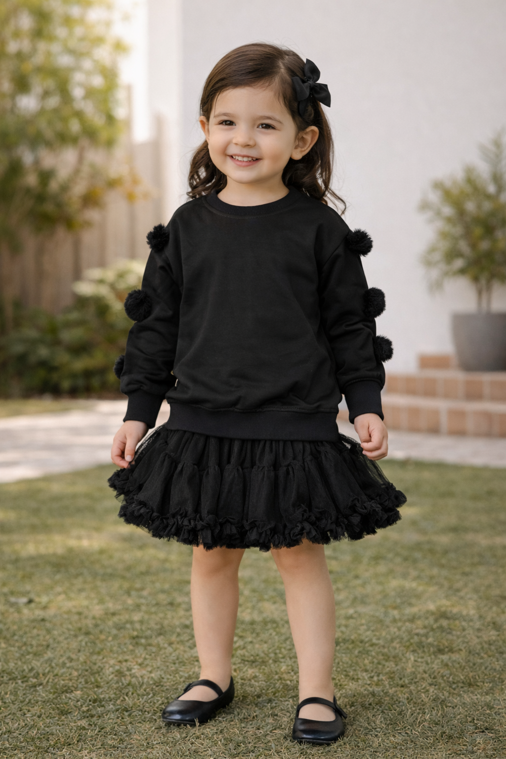 Mädchen 2-Teiler Outfit Schwarz mit Tüllrock & Langarmshirt