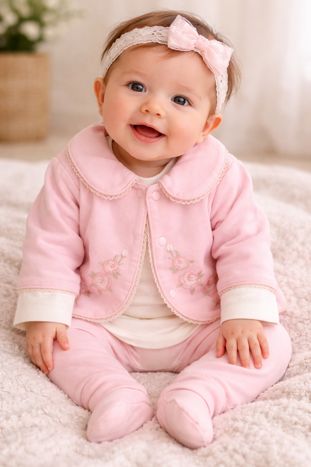Baby Mädchen 3-Teiler Outfit mit Blumenstickerei aus Baumwolle