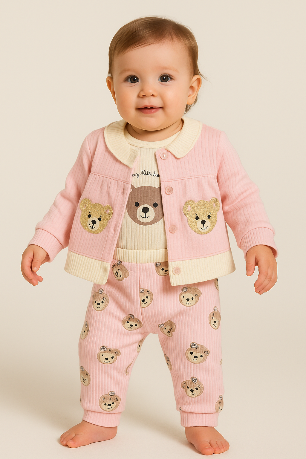 3-teiliges Baby Outfit in Rosa – Strickjacke, Body & Hose mit Teddy-Motiven