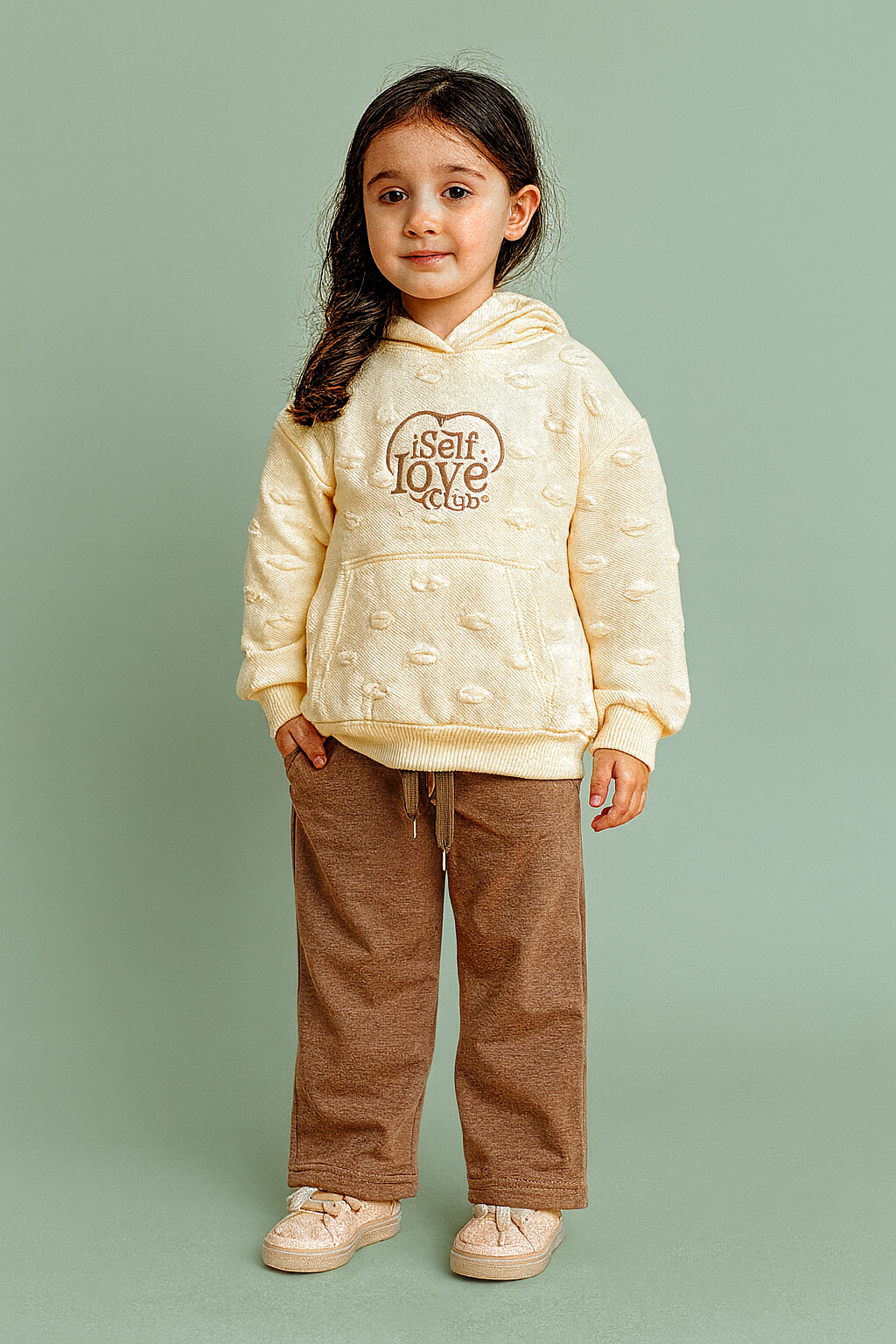 2-teiliges Mädchen Outfit – Hoodie „Self Love Club“ & Hose in Beige/Braun