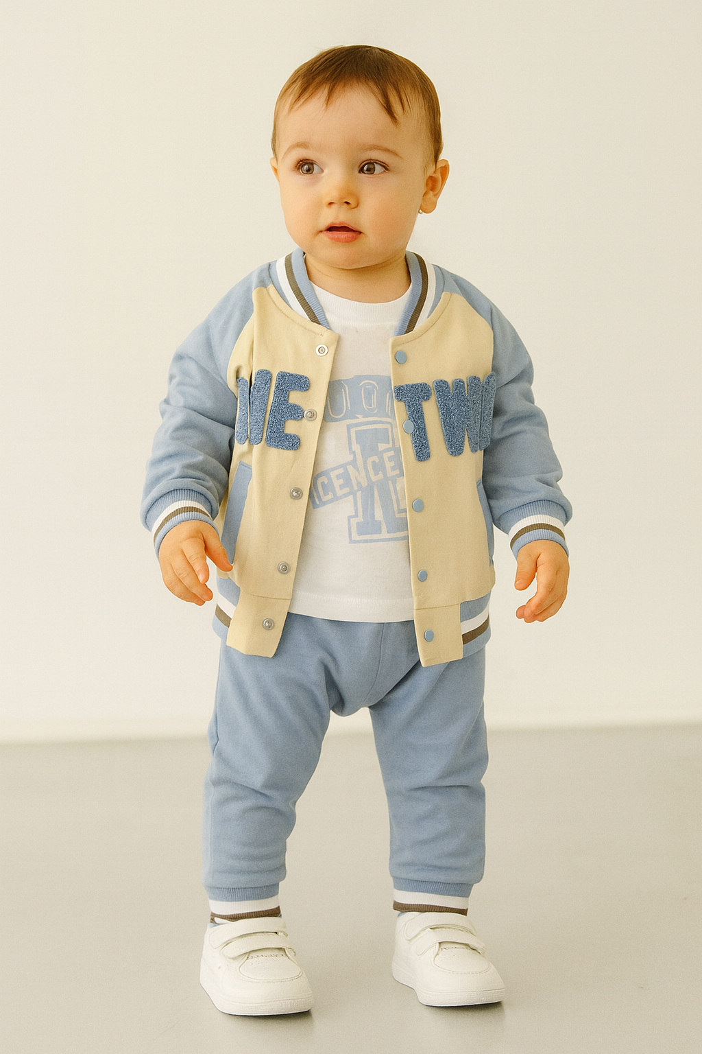3-teiliges Baby Outfit im College Style – Jacke, Shirt & Hose in Blau/Beige
