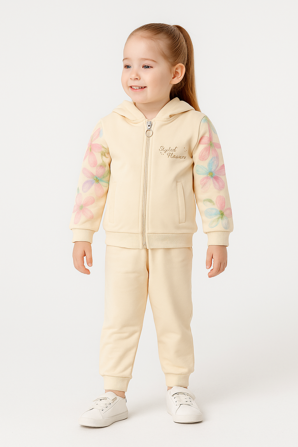 Kinder Jogginganzug – Cremefarben mit Blumenärmeln & Kapuze