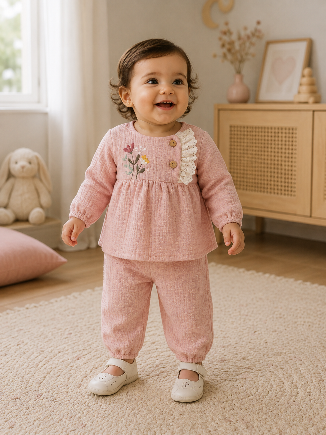 Baby Mädchen 2-teiliges Outfit – Oberteil mit Stickerei & Hose aus Musselin (Rosa)
