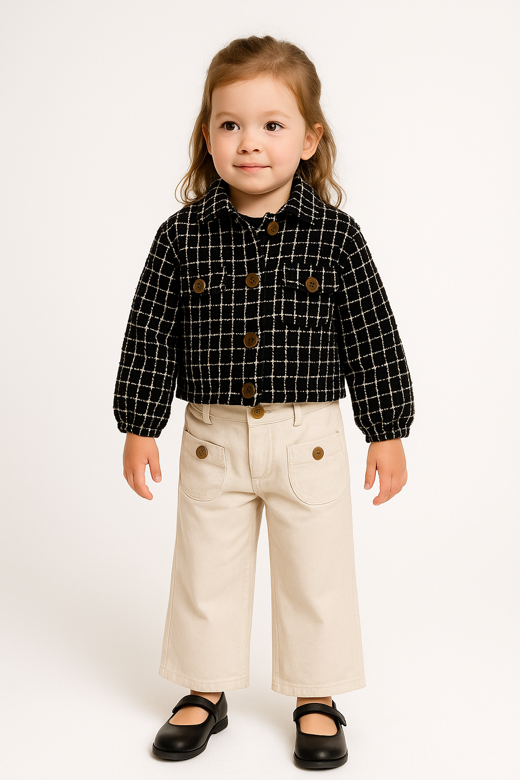 Mädchen Outfit 2-teilig – Schwarze Karojacke & Beige Hose