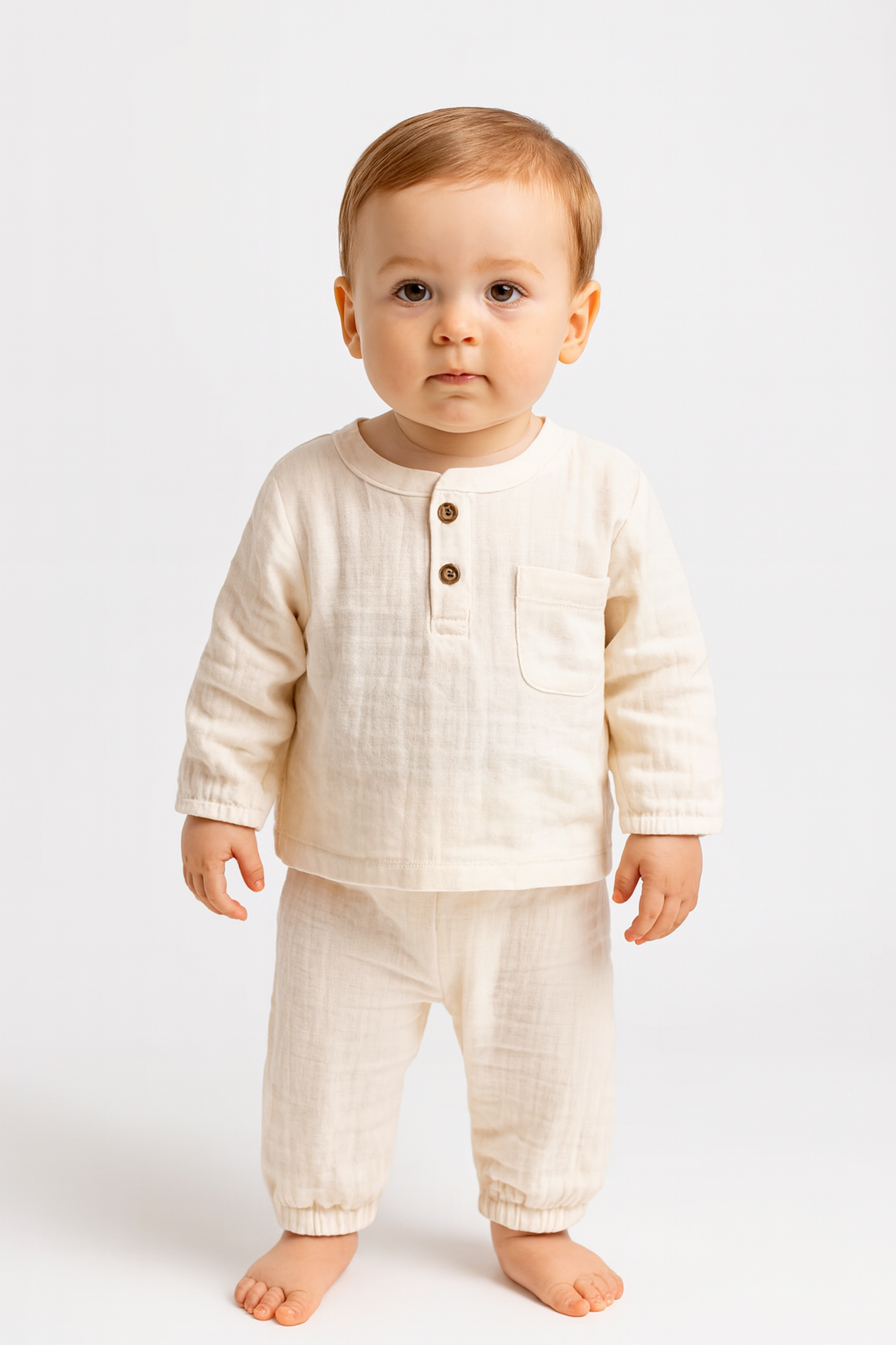 Baby Zweiteiler Set aus Muselin – Oberteil mit Knopfleiste & Tasche + Hose (3 Farben)