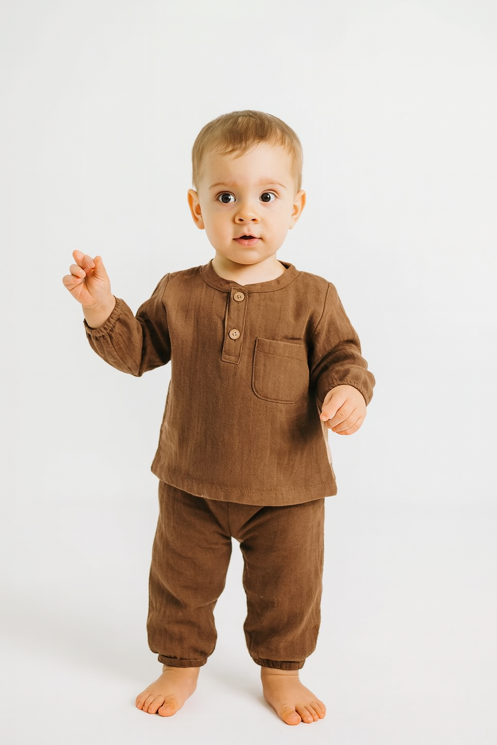 Baby Zweiteiler Set aus Muselin – Oberteil mit Knopfleiste & Tasche + Hose (3 Farben)