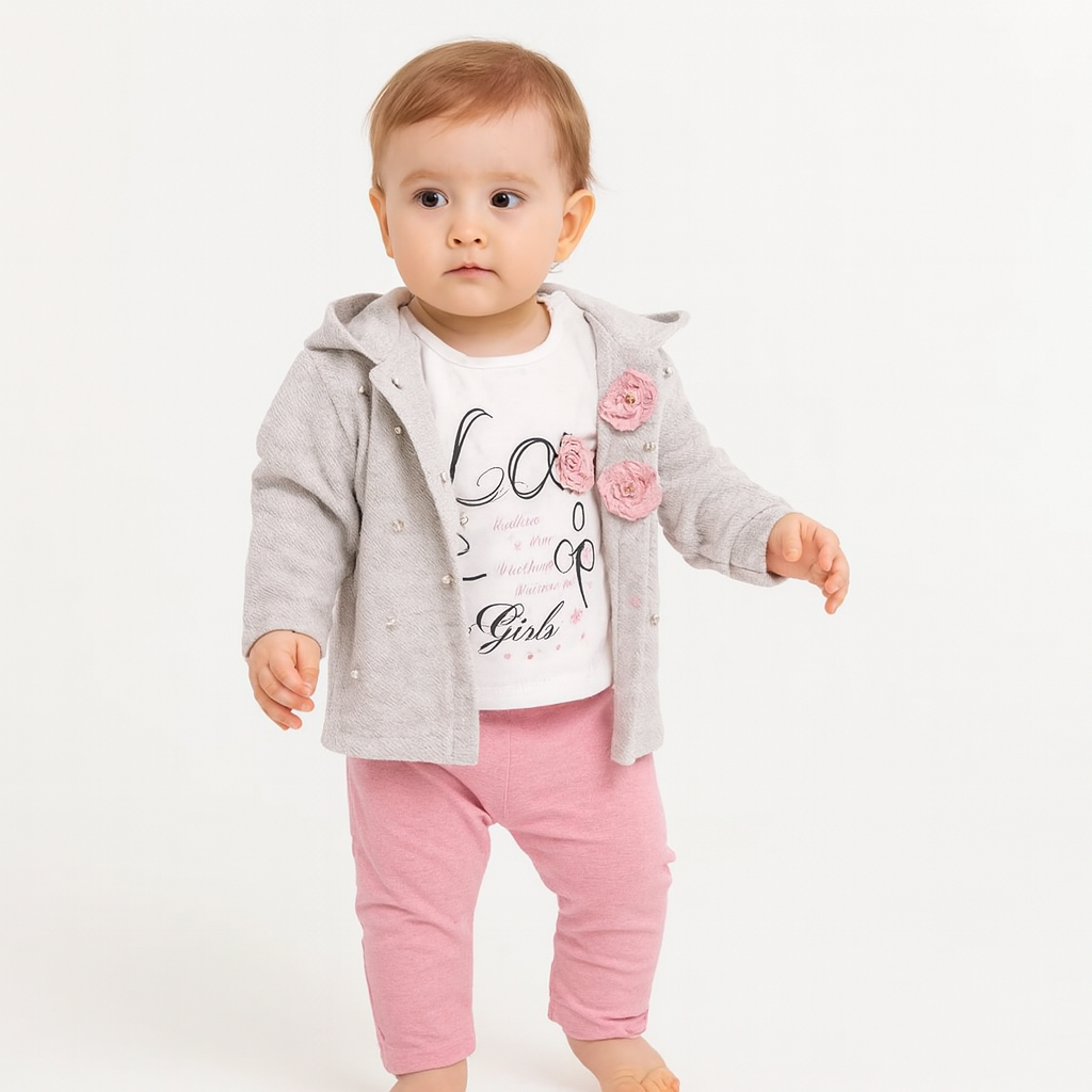Baby Mädchen 3-teiliges Outfit – Jacke mit Perlen & Blumenapplikation, T-Shirt & Hose – 2 Farben