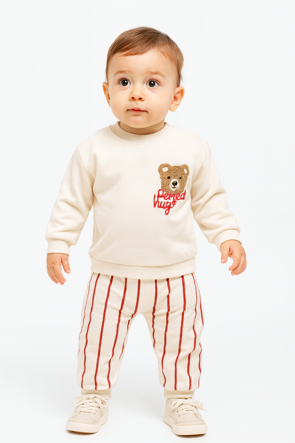 Baby & Kinder Set – Sweatshirt mit Teddy-Stickerei & Streifenhose