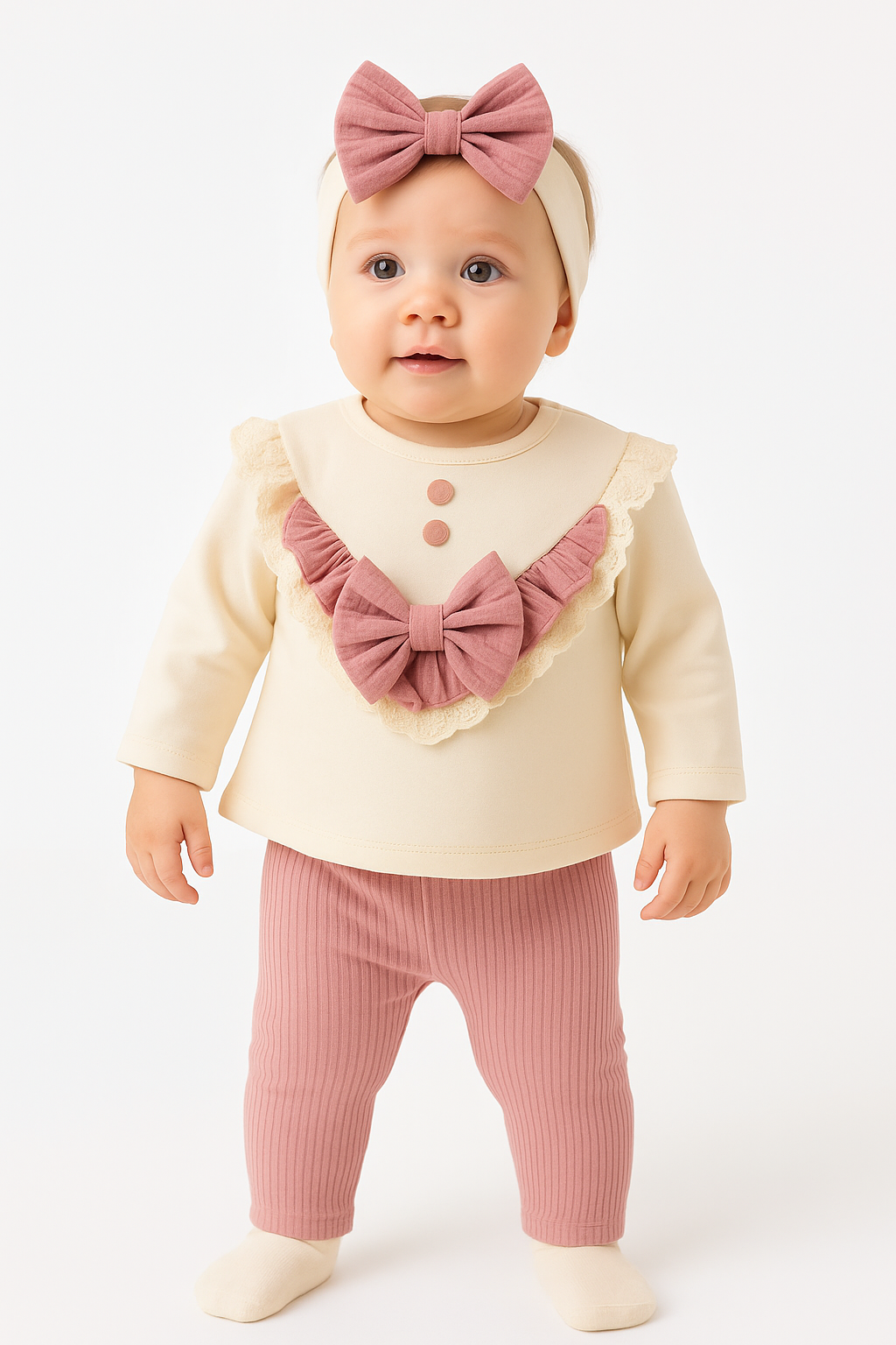 Baby Mädchen 3-teiliges Set – Rüschen Oberteil mit Schleife, Hose & Haarband