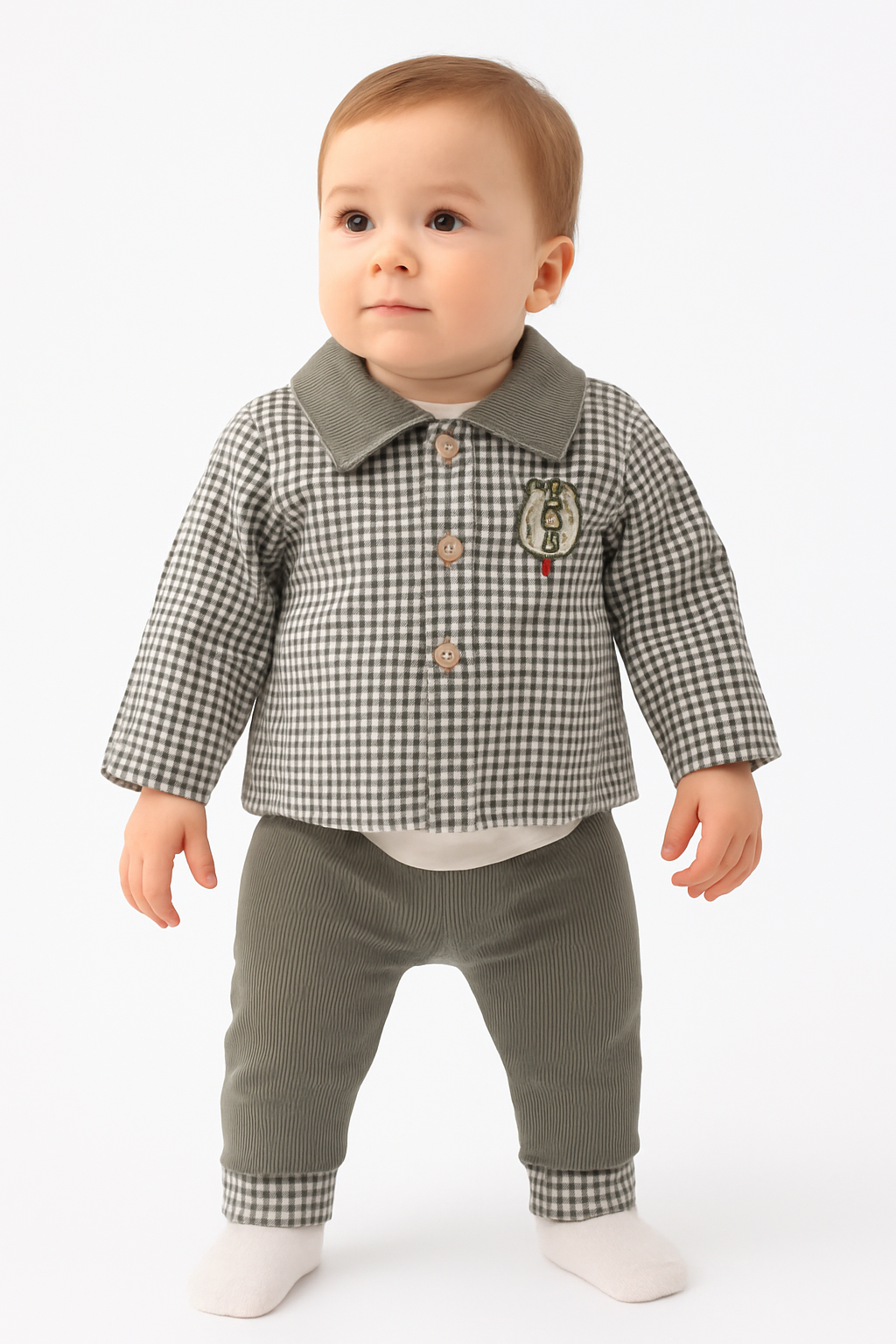 Baby 3-teiliges Outfit – Body, Hose & Hemd-Jacke kariert aus Baumwolle