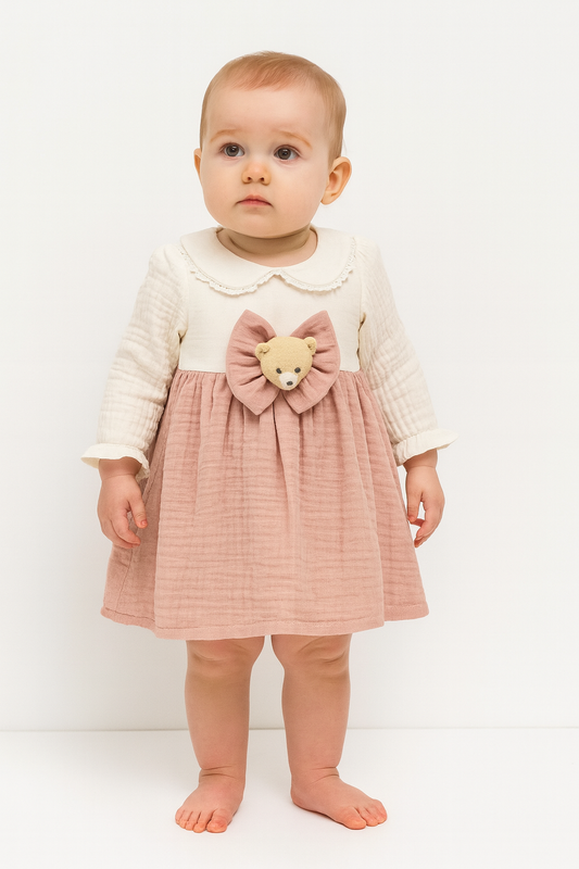 Baby Mädchen Kleid aus Musselin – Mit Schleife & Teddybär-Deko | 100% Baumwolle | 2 Farben
