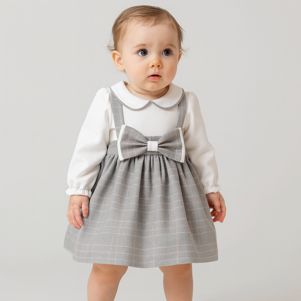 Elegantes Babykleid mit Kragen & großer Schleife – Grau/Weiß