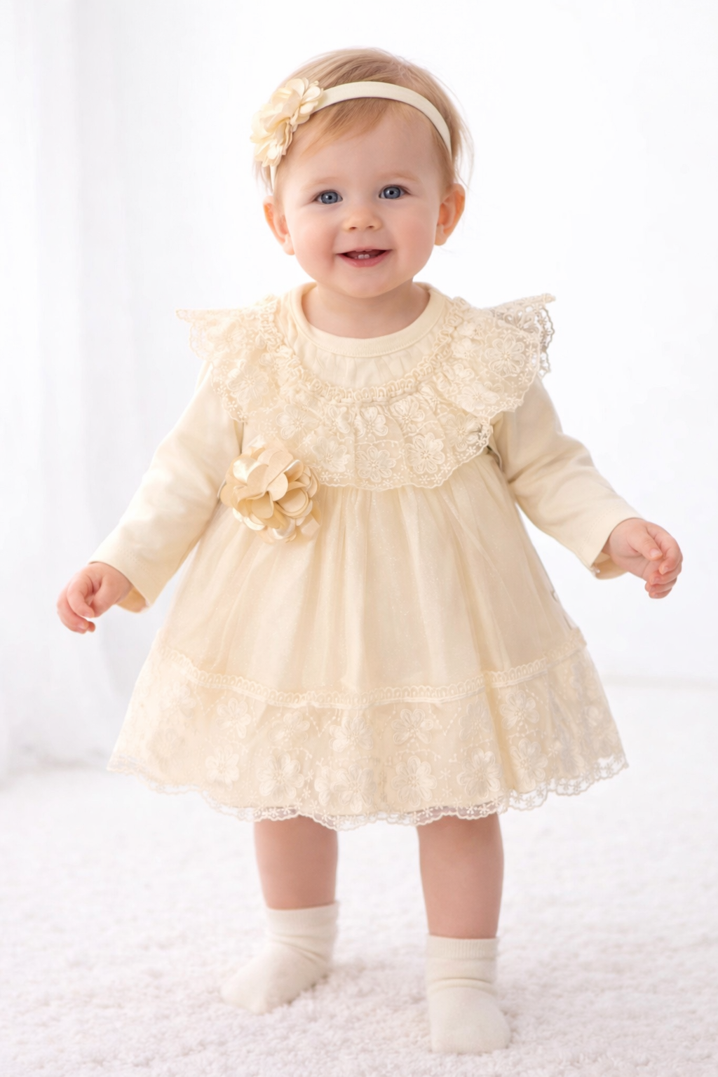 Baby Mädchen Kleid mit Spitze & Tüll – Elegantes Festkleid – Beige