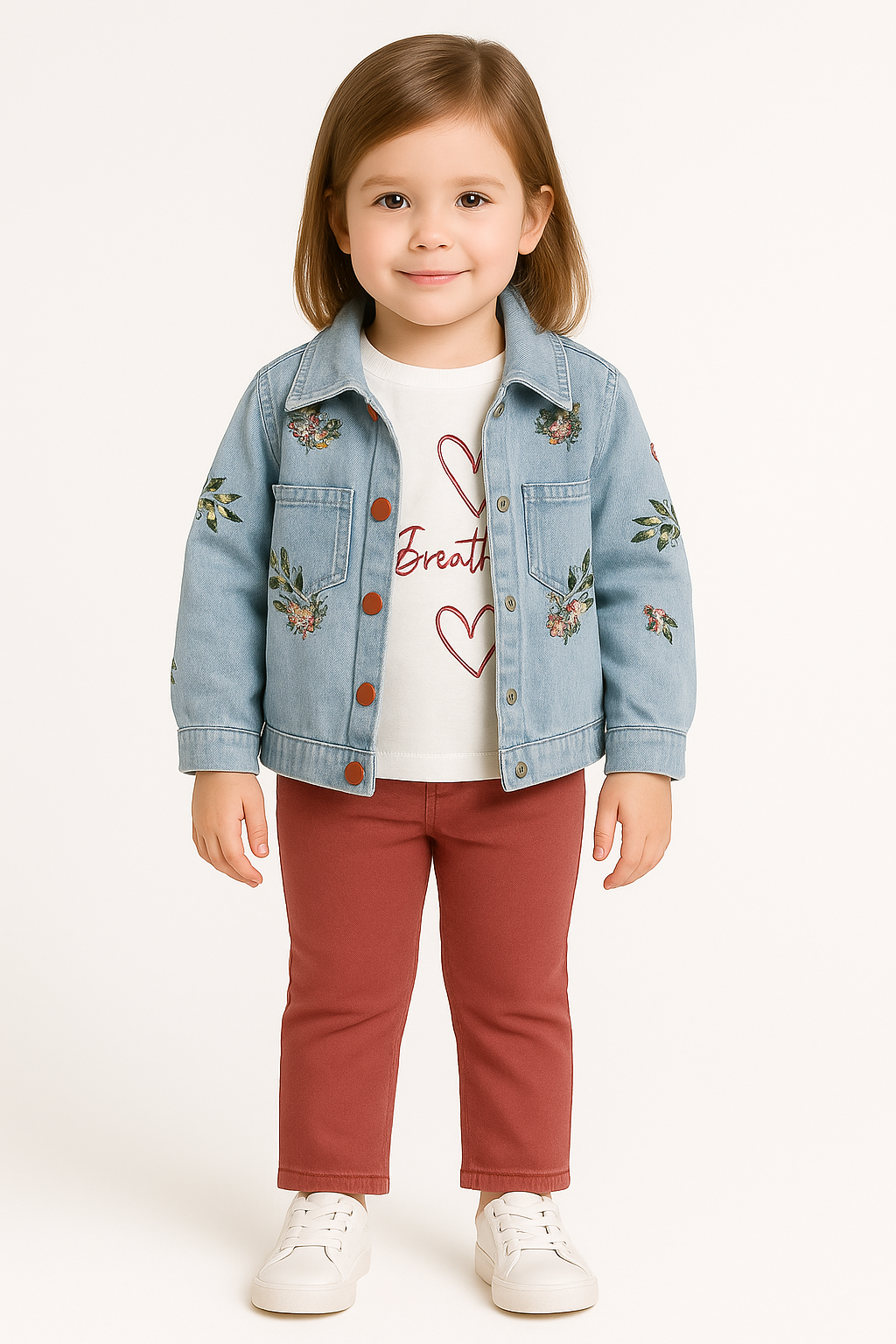 Mädchen Outfit 3-teilig „Just Breathe“ – Jeansjacke bestickt, Langarm-Shirt & Hose