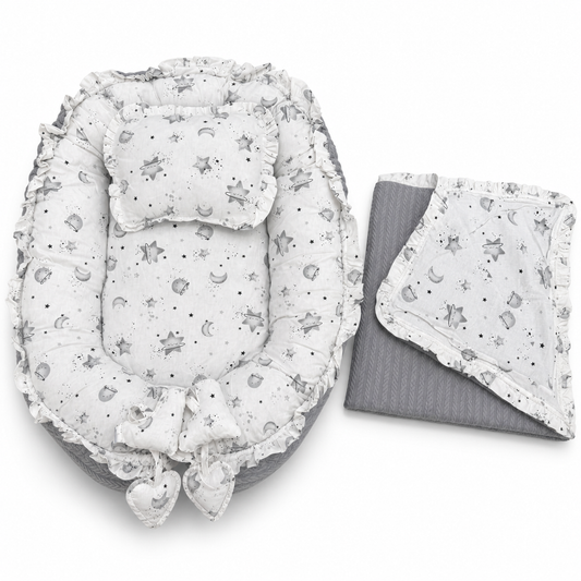 Babynest Set Grau mit Mond & Sterne