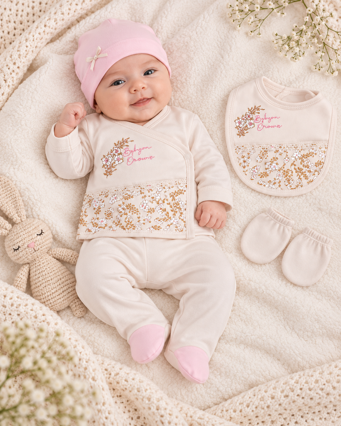 Erstlingsset 5-teilig Blumenmuster Rosa