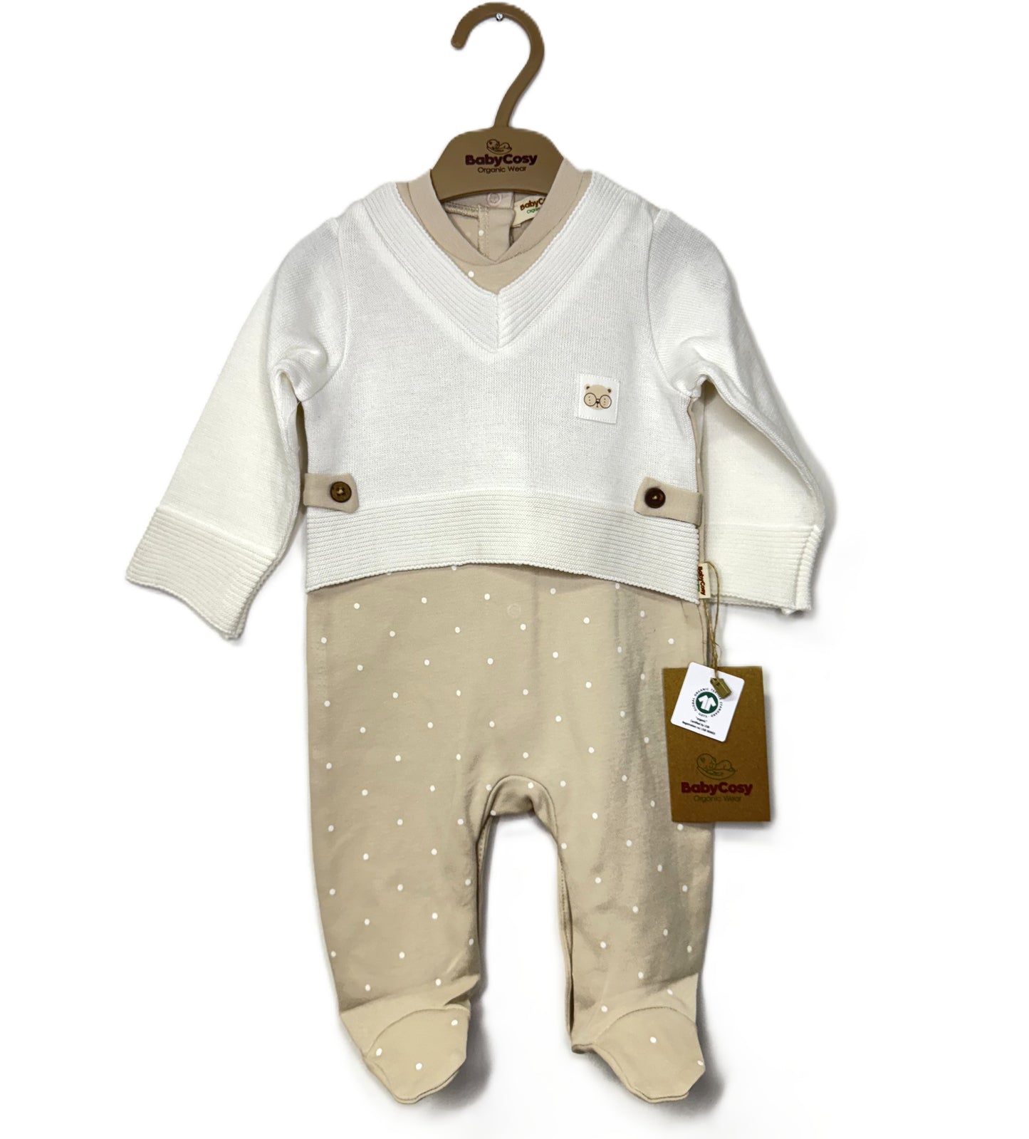 Baby Strampler mit Strickoptik & Pünktchen – Beige/Weiß