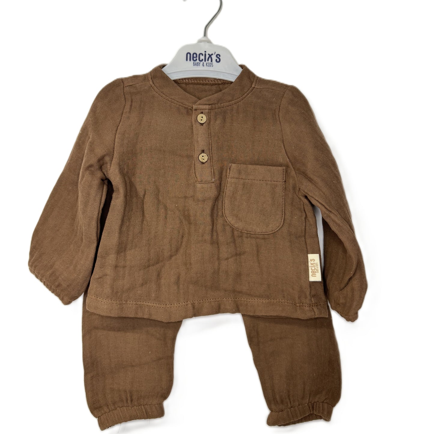 Baby Zweiteiler Set aus Muselin – Oberteil mit Knopfleiste & Tasche + Hose (3 Farben)