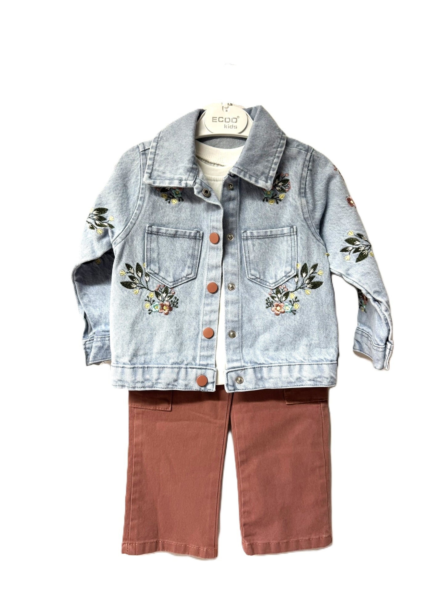 Mädchen Outfit 3-teilig „Just Breathe“ – Jeansjacke bestickt, Langarm-Shirt & Hose