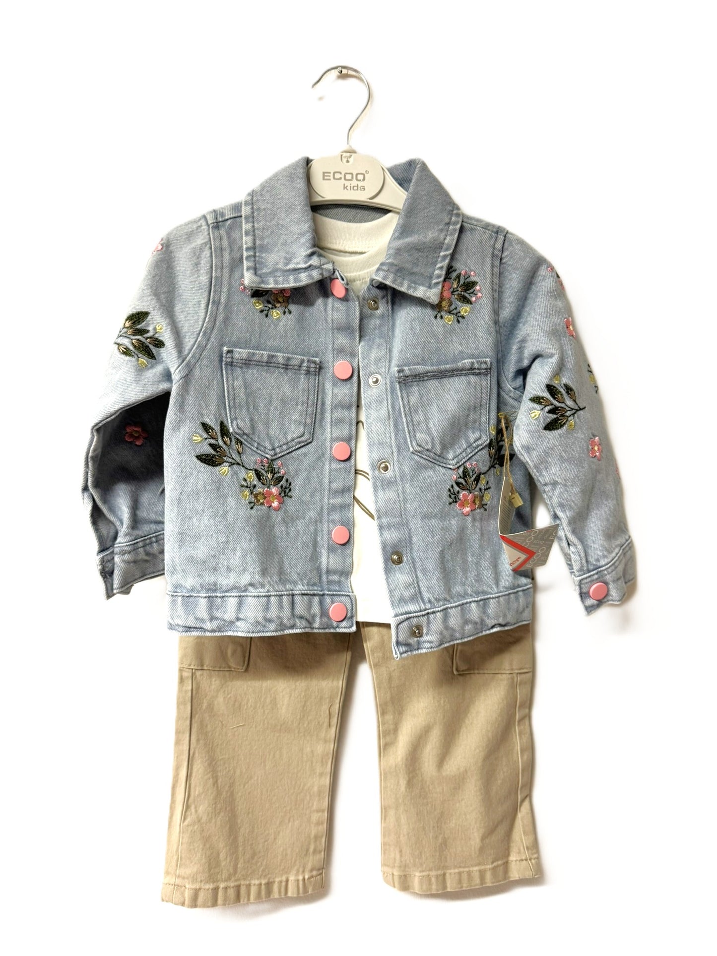 Mädchen Outfit 3-teilig „Just Breathe“ – Jeansjacke bestickt, Langarm-Shirt & Hose
