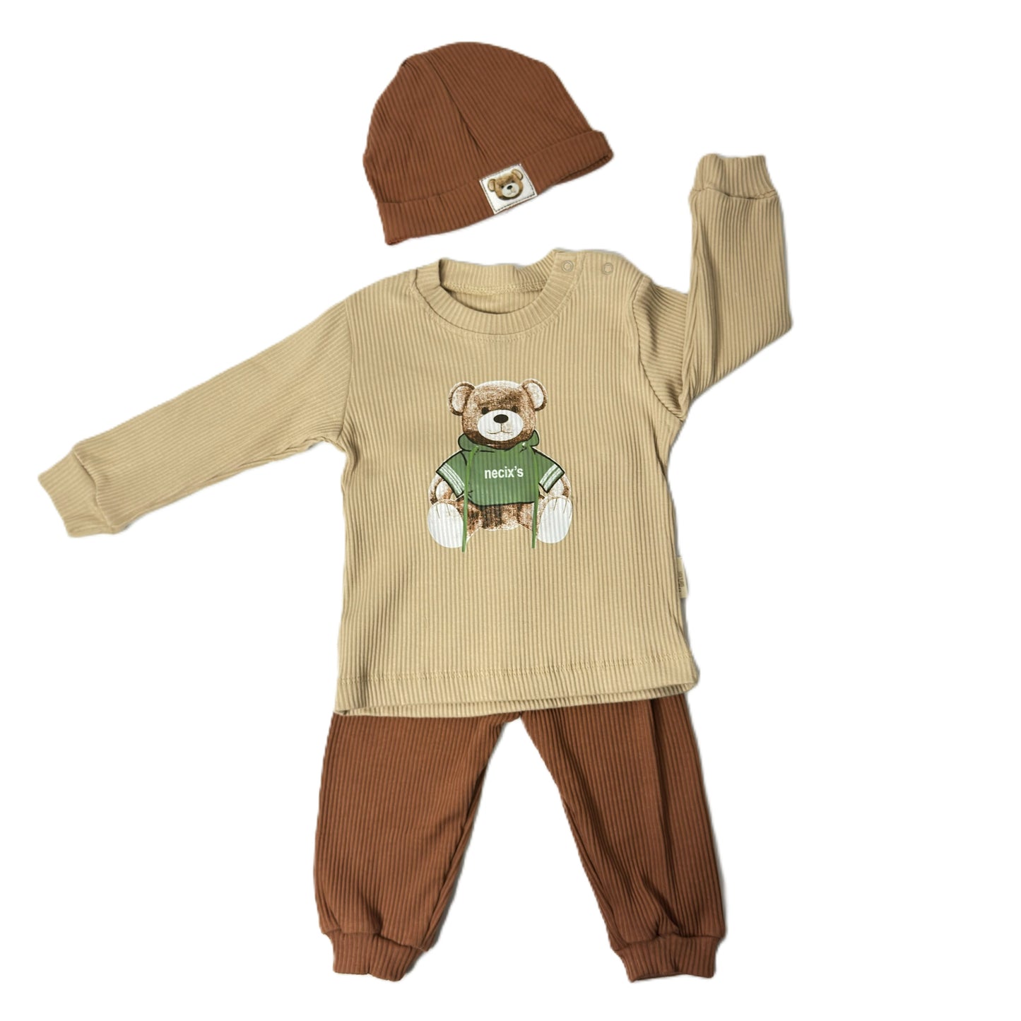 Baby Outfit 3-teilig – Teddy Motiv mit Mütze, Shirt & Hose (Beige/Braun)