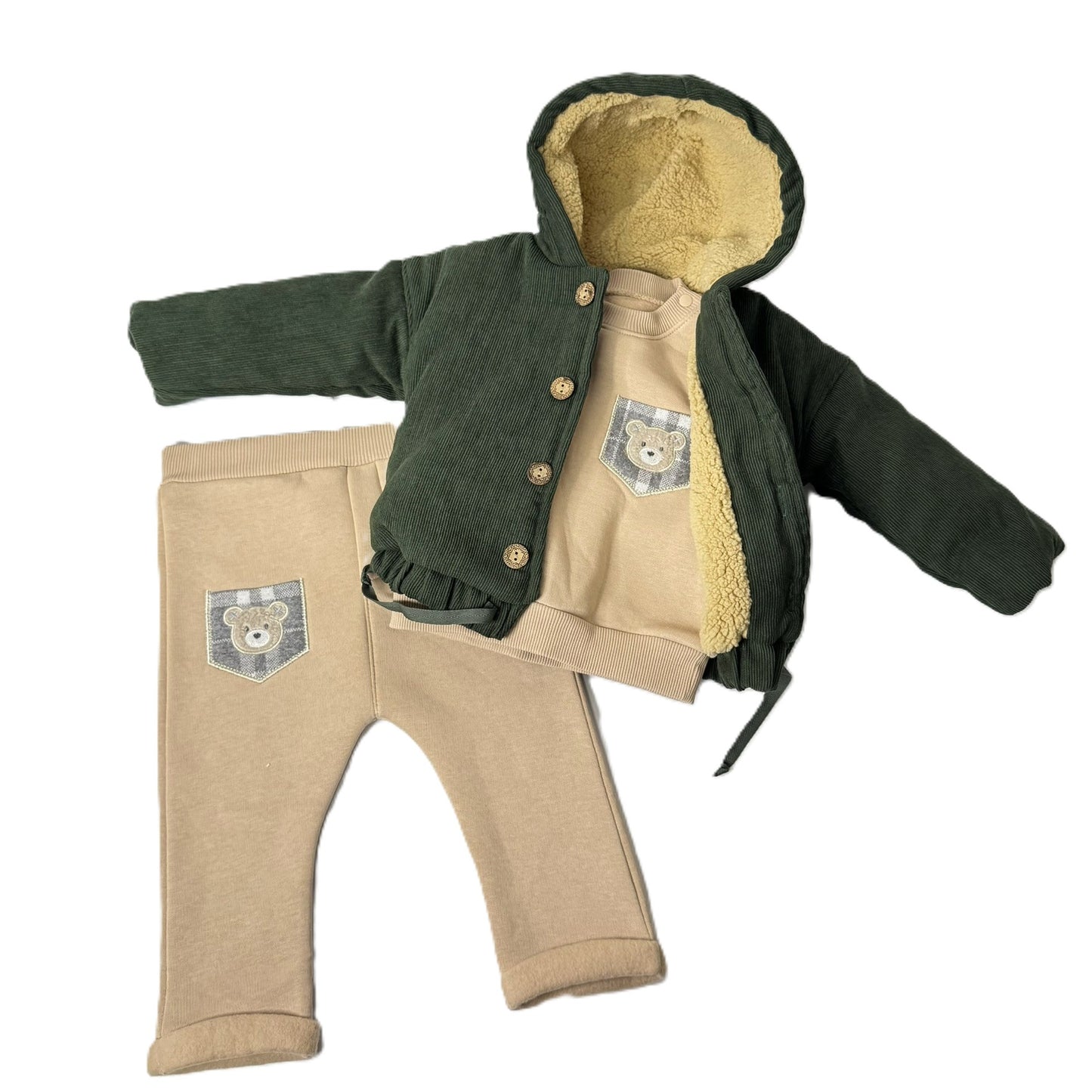 Baby Outfit 3-teilig – Jacke, Sweatshirt & Hose mit Teddy-Applikation (Beige/Grün)