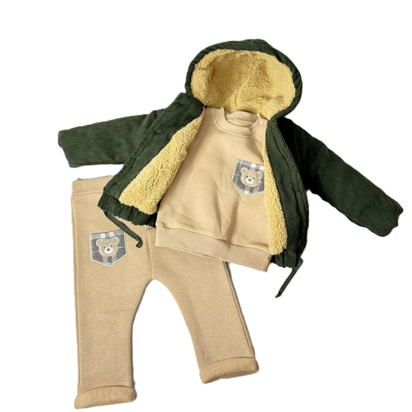 Baby Outfit 3-teilig – Jacke, Sweatshirt & Hose mit Teddy-Applikation (Beige/Grün)
