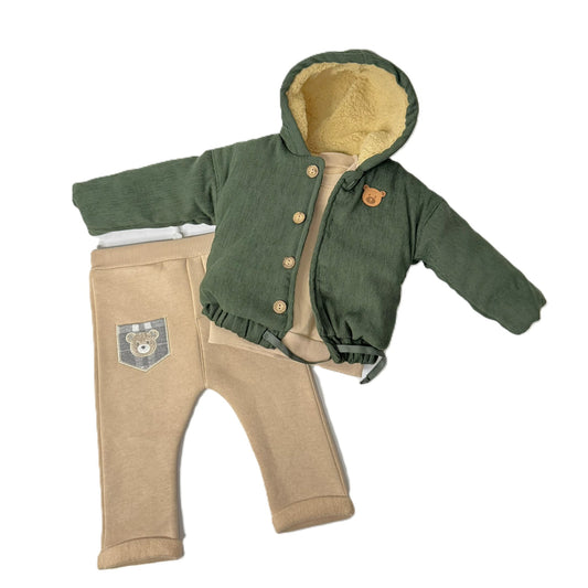 Baby Outfit 3-teilig – Jacke, Sweatshirt & Hose mit Teddy-Applikation (Beige/Grün)