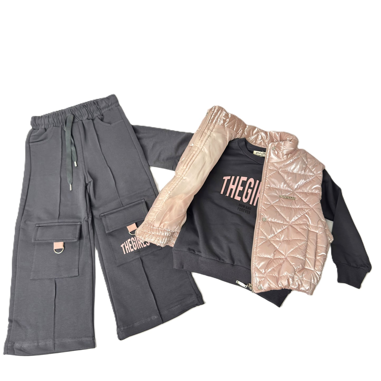 3-teiliges Mädchen Outfit mit Weste, Sweatshirt & Cargo-Hose – Trendy Street Style