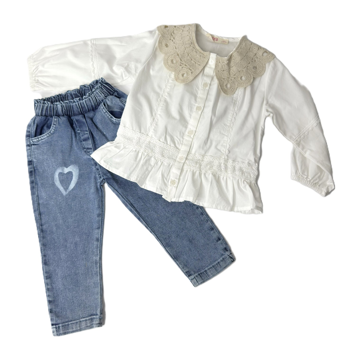 2-teiliges Mädchen Outfit – Bluse mit Spitze & Jeans mit Herz-Print