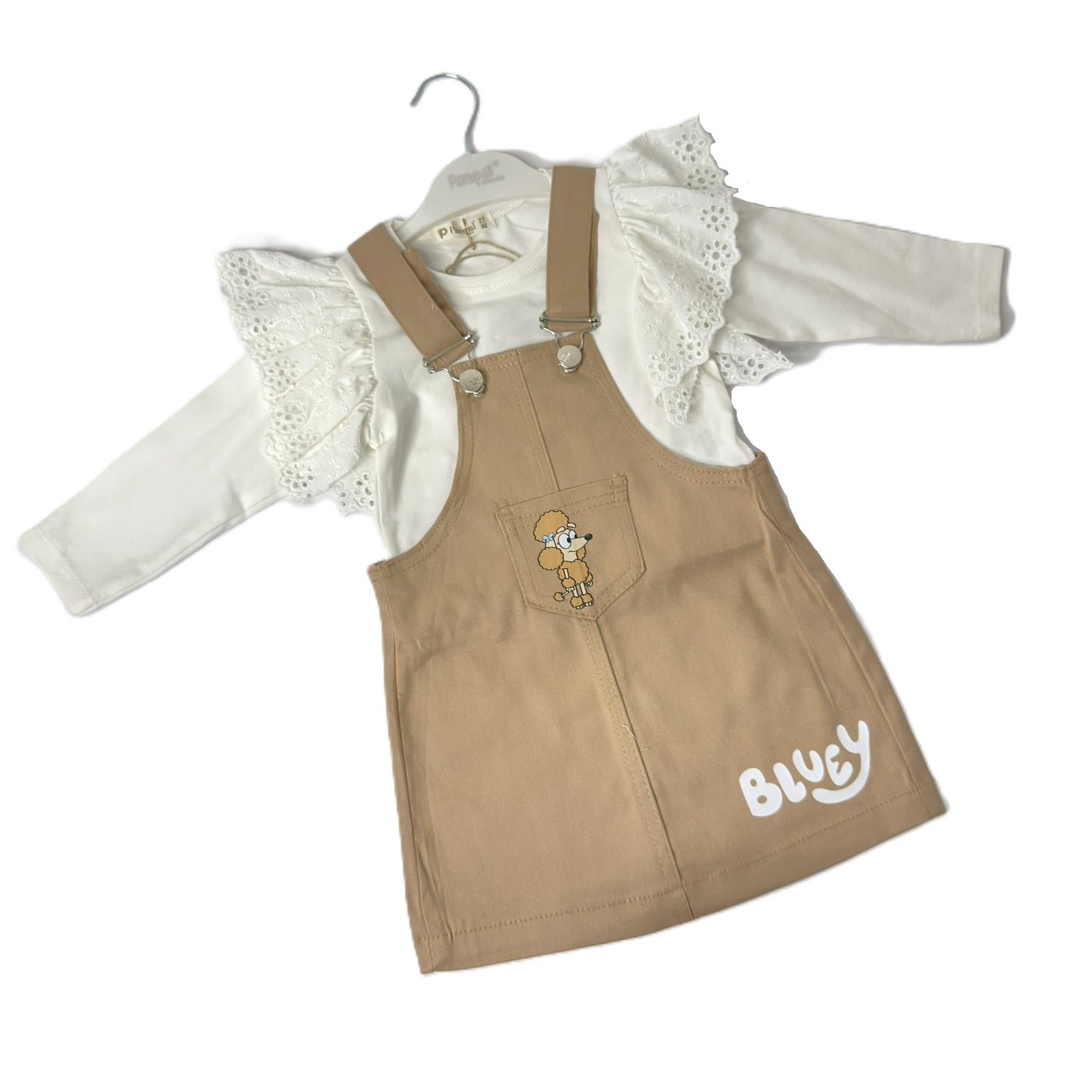 2-teiliges Mädchen Outfit – Latzkleid in Beige mit Langarmshirt & Rüschen