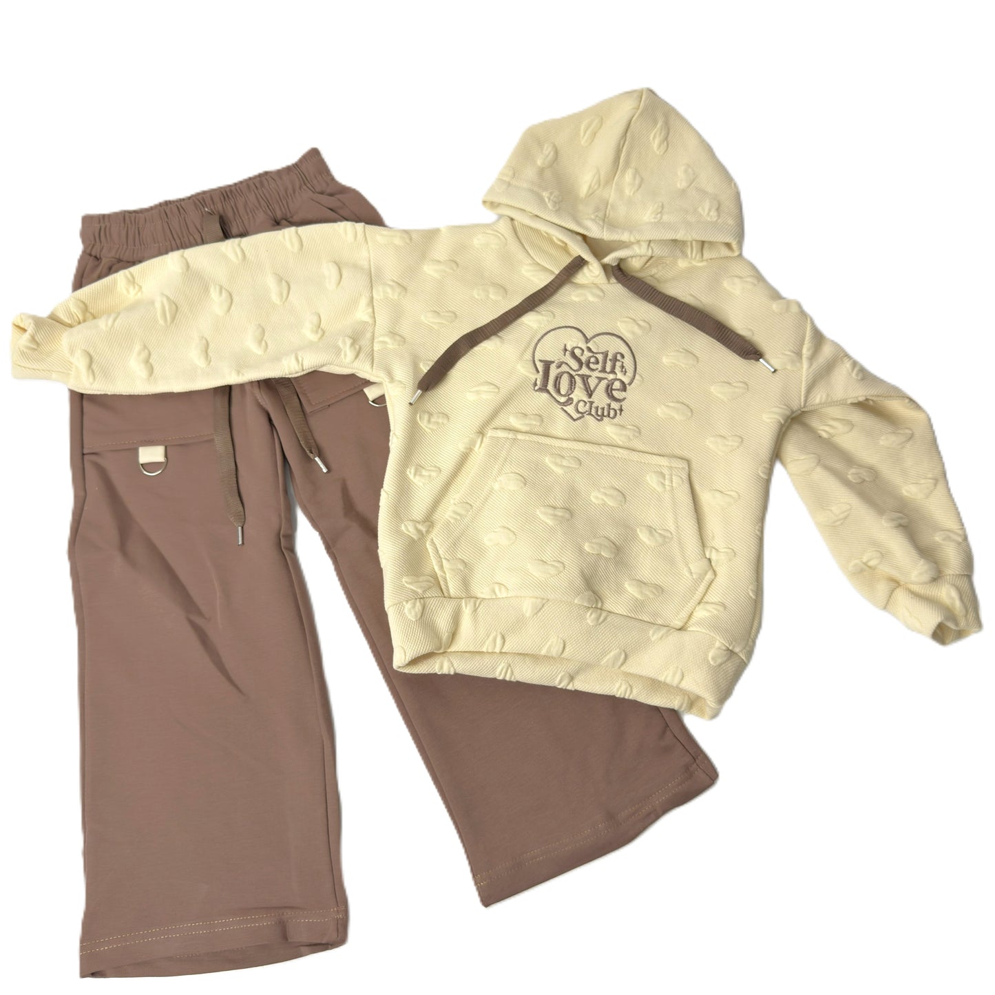 2-teiliges Mädchen Outfit – Hoodie „Self Love Club“ & Hose in Beige/Braun