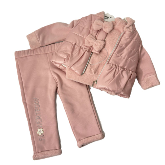 3-teiliges Baby Outfit in Rosa – Jacke, Pullover & Hose mit Teddy-Motiv