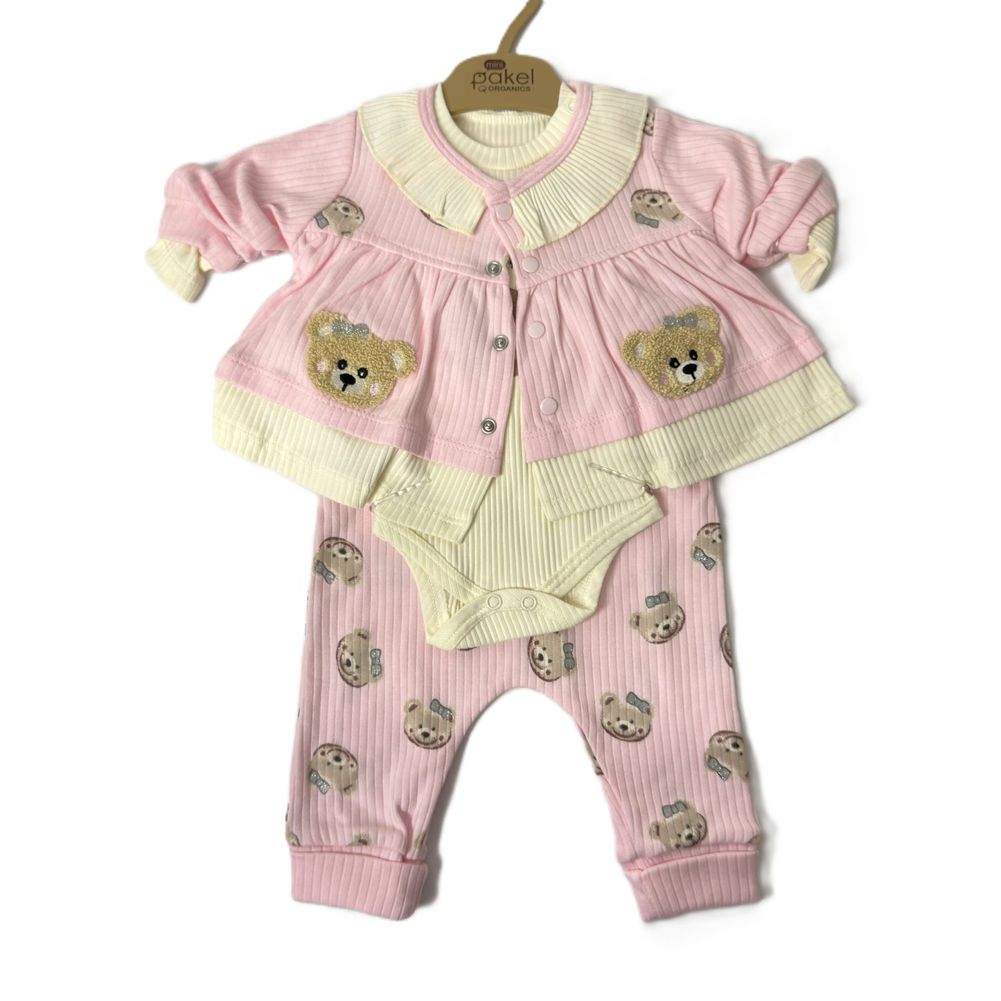 3-teiliges Baby Outfit in Rosa – Strickjacke, Body & Hose mit Teddy-Motiven