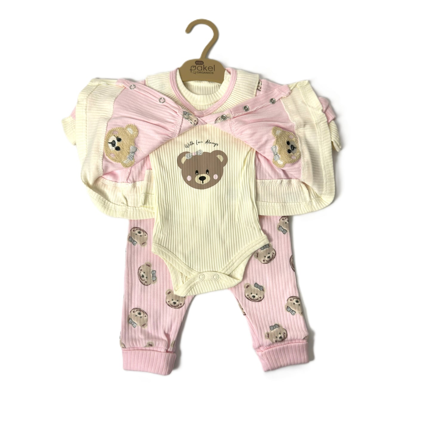 3-teiliges Baby Outfit in Rosa – Strickjacke, Body & Hose mit Teddy-Motiven