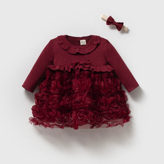 Nipperland Baby Mädchen Kleid Bordeaux mit 3D-Blumen & Stirnband