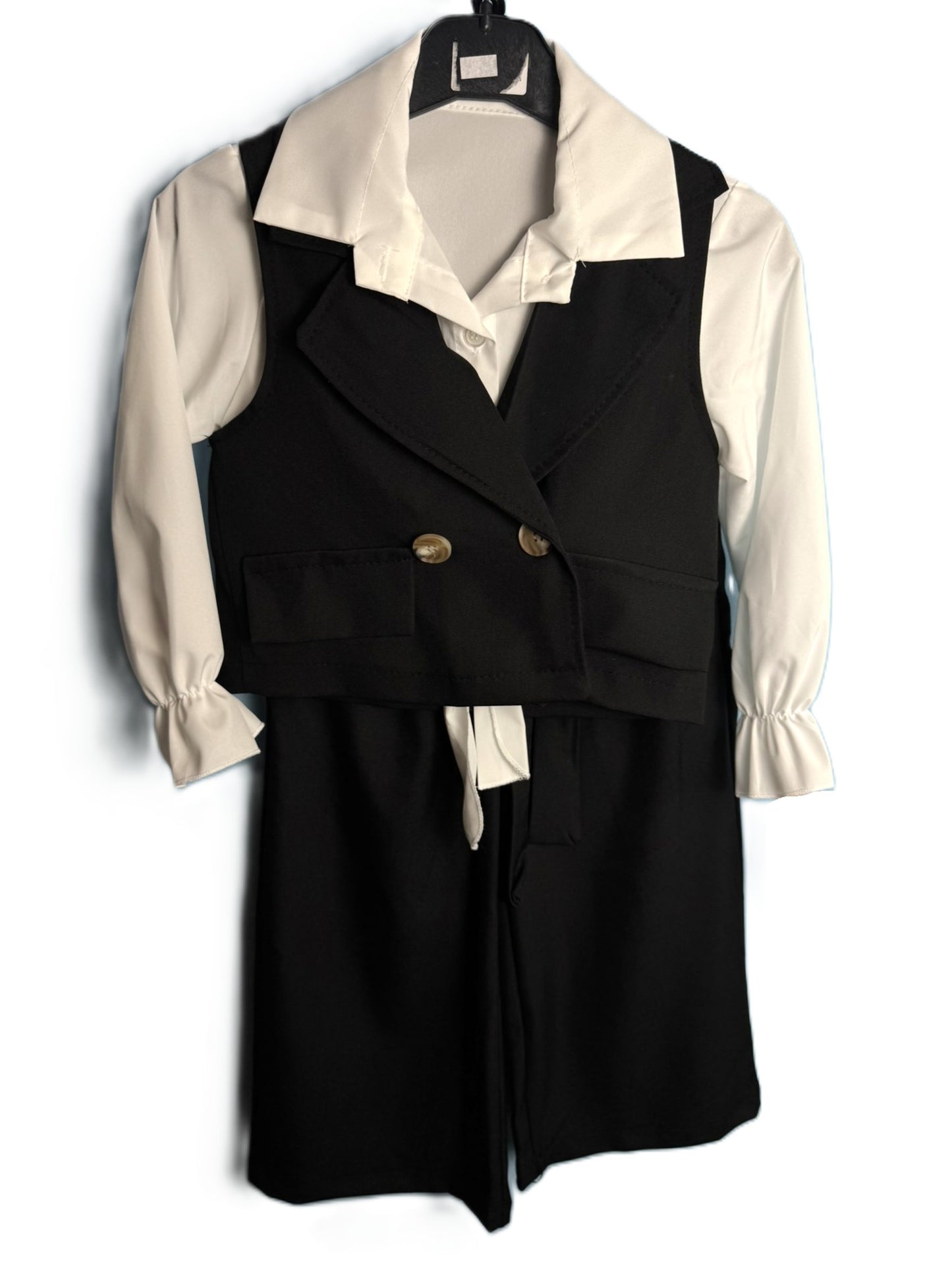 Mädchen 3-Teiler Set – Bluse, Weste & weite Hose in Schwarz/Weiß